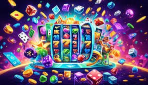 Ilustrasi gulungan mesin slot dengan simbol buah dan angka tujuh berwarna cerah